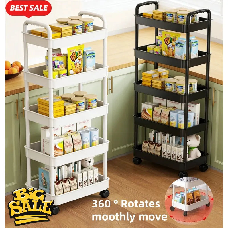Hot 5-tier Kitchen Storage Shelf, Mobile Trolley, Floor-standing Multi-layer Storage Rack, for Snacks, Fruits and Vegetables