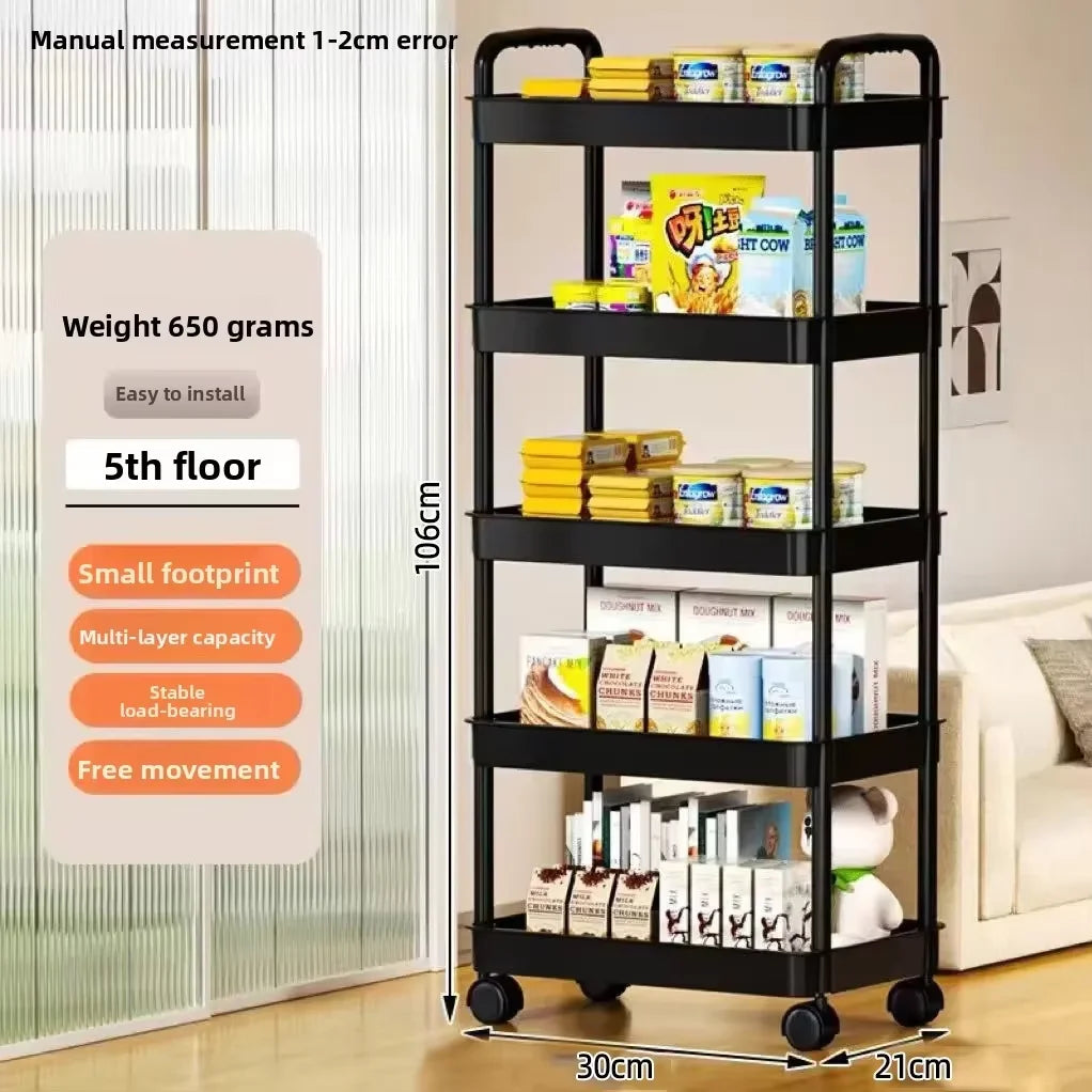 5 Tier Multifunctional Storage Cart  Utility Organizer Rack Space Saving Floor Shelf With Wheels For Kitchen Bedroom Living Room