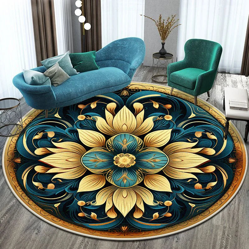Runder Teppich im europäischen Stil – Blumendesign, pflegeleicht & waschbar