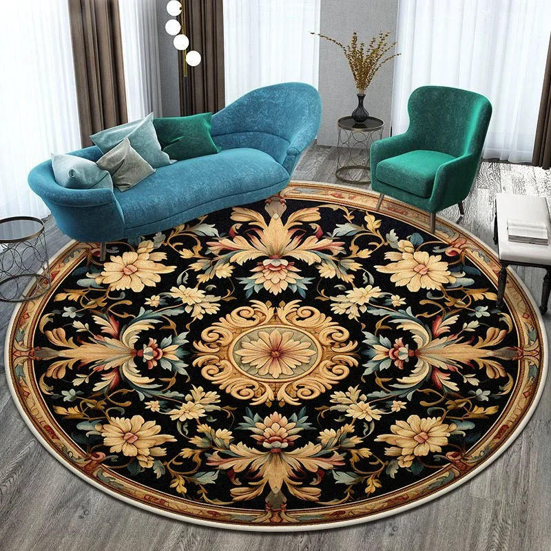 Runder Teppich im europäischen Stil – Blumendesign, pflegeleicht & waschbar
