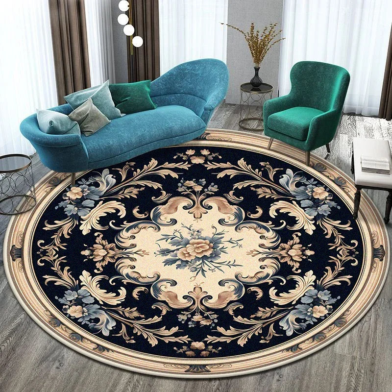 Runder Teppich im europäischen Stil – Blumendesign, pflegeleicht & waschbar