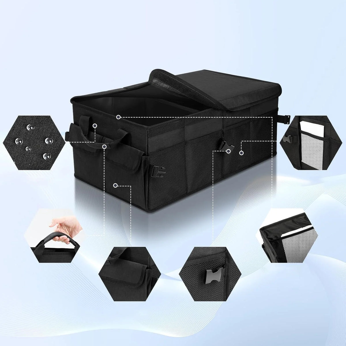 Faltbarer Kofferraum Organizer 45L – Kofferraumtasche mit 3 Fächern, Oxford Stoff, 60x32x24cm