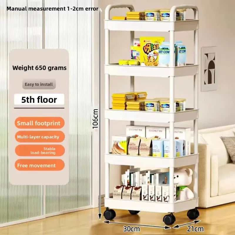 5 Tier Multifunctional Storage Cart  Utility Organizer Rack Space Saving Floor Shelf With Wheels For Kitchen Bedroom Living Room