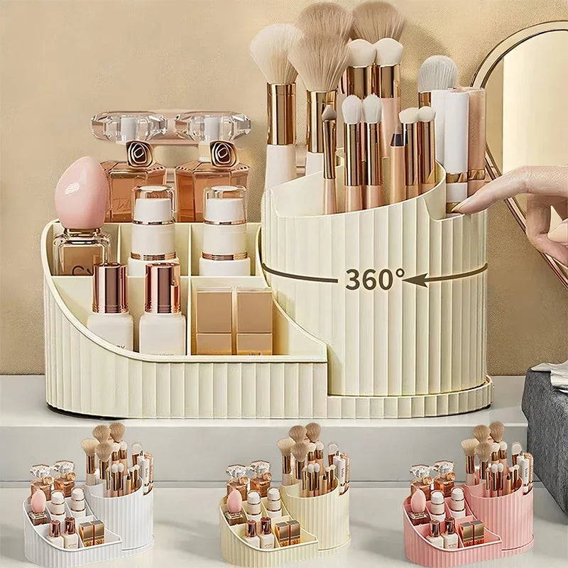 360-degree rotating vanity makeup organizer with brush holder