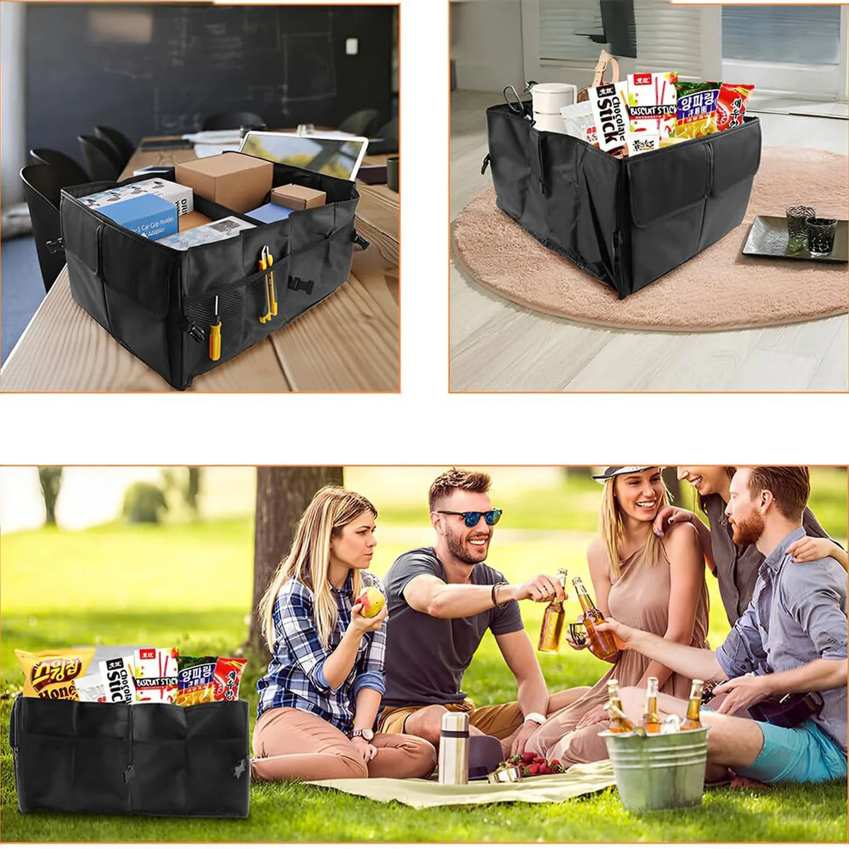 Faltbarer Kofferraum Organizer 45L – Kofferraumtasche mit 3 Fächern, Oxford Stoff, 60x32x24cm