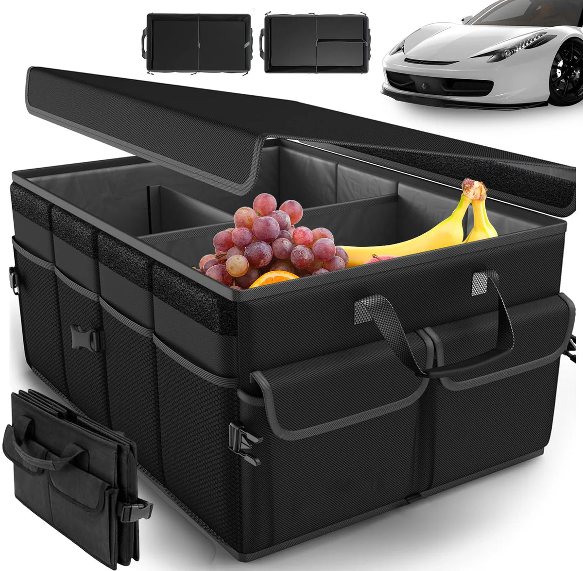 Faltbarer Kofferraum Organizer 45L – Kofferraumtasche mit 3 Fächern, Oxford Stoff, 60x32x24cm