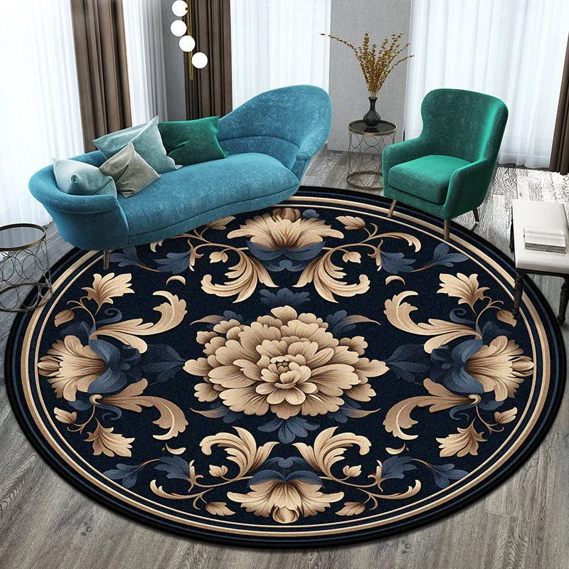 Runder Teppich im europäischen Stil – Blumendesign, pflegeleicht & waschbar