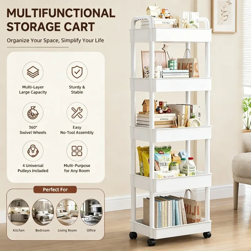 5 Tier Multifunctional Storage Cart  Utility Organizer Rack Space Saving Floor Shelf With Wheels For Kitchen Bedroom Living Room
